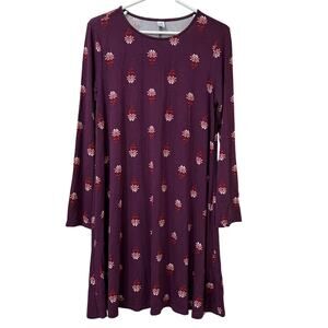 Old Navy Womens Sz Medium Long Sleeve Jersey Knit Maroon & Pink Floral Dress